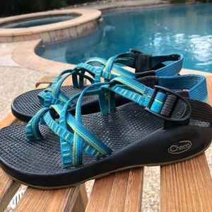 Blue & Green Double Strap Chacos with Toe Loop